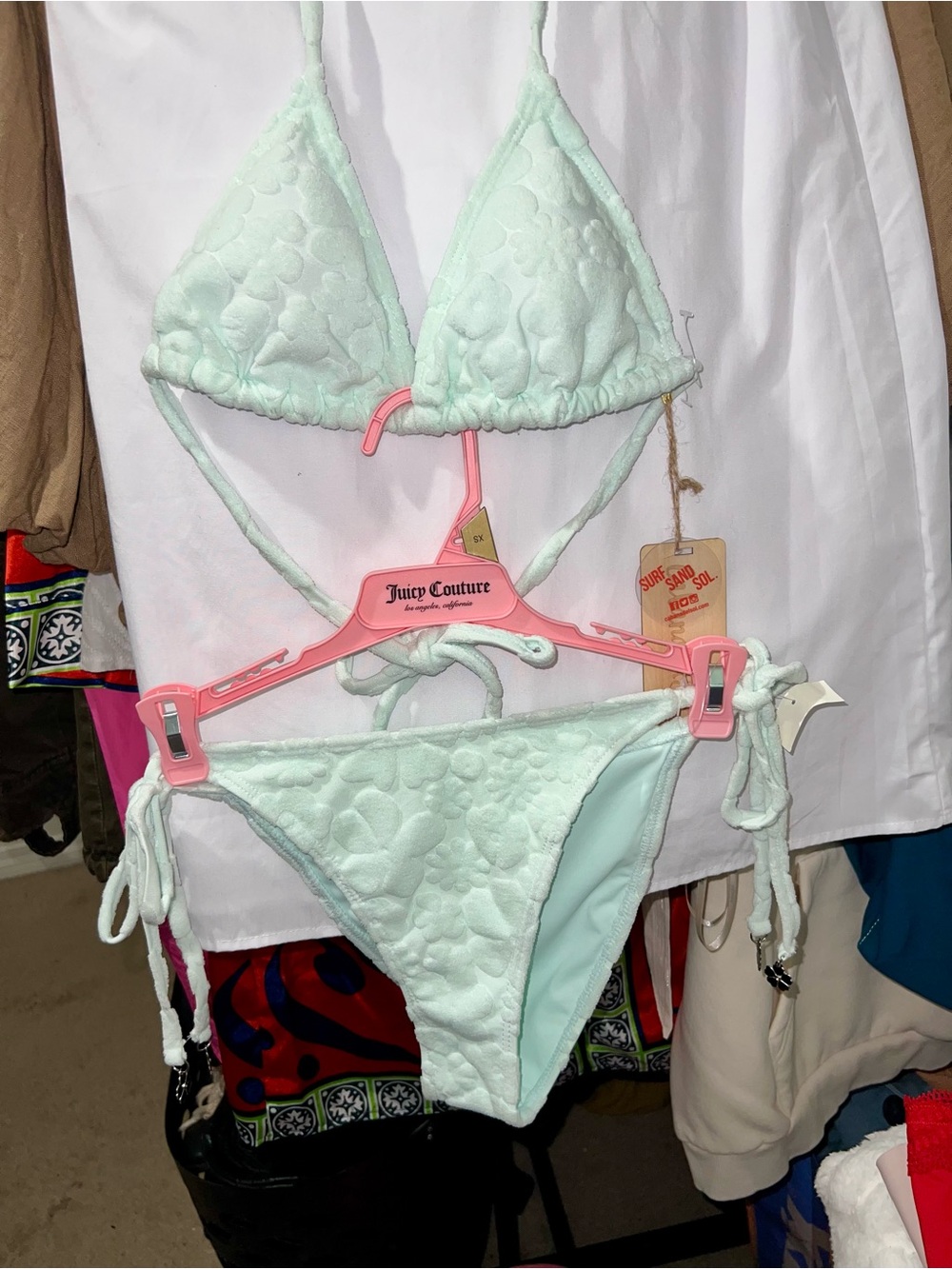 Cabana Del Sol Mint Quilted Terry Cloth Triangle Bikini with Flower Charms
